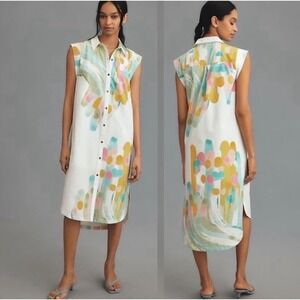 Maeve Anthropologie Watercolor Abstract Floral Shirt Dress White Midi Medium